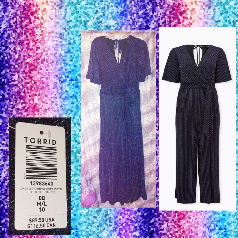Torrid brand Black/Multicolor Stripe Shimmer Surplice Knit Jumpsuit Sz 00|M/L|10